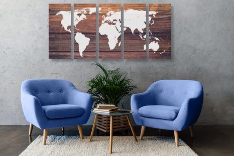 5-DÍLNÝ OBRAZ MAPA SVĚTA S DŘEVĚNÝM POZADÍM - OBRAZY MAPY - OBRAZY