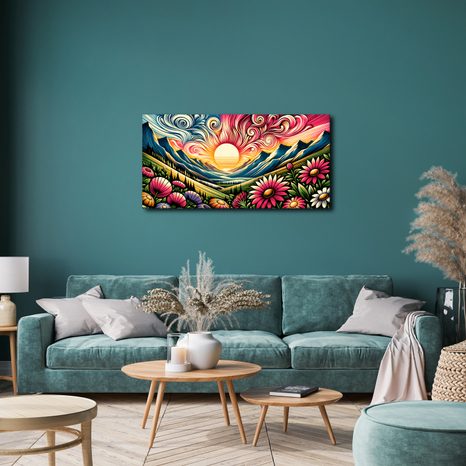 WANDBILD BUNTE BERGE BEIM SONNENAUFGANG - WANDBILDER FELDER UND WIESEN - BILDER