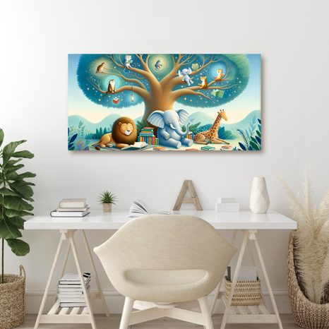 WANDBILD TIERE UNTER DEM BAUM MIT BUCH - KINDERBILDER TIERE - BILDER