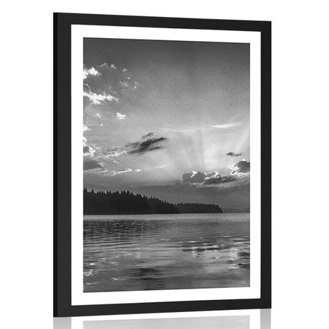 AFFICHE AVEC PASSE-PARTOUT – REFLET DU LAC DE MONTAGNE EN NOIR ET BLANC - NOIR ET BLANC - AFFICHES