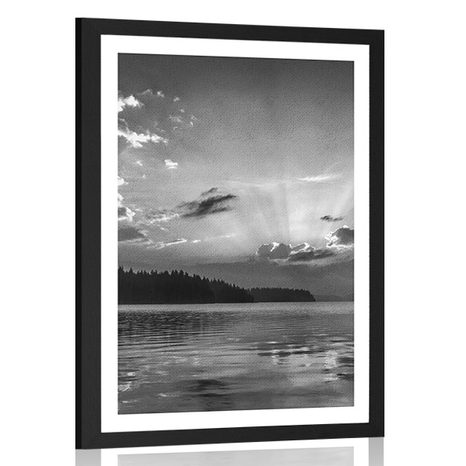 AFFICHE AVEC MONTURE REFLET DE LAC DE MONTAGNE EN NOIR ET BLANC - NOIR ET BLANC - AFFICHES