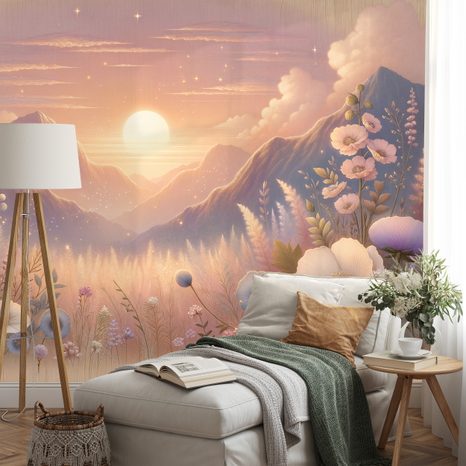 CARTA DA PARATI – PAESAGGIO PASTELLO CON FIORI AL TRAMONTO - CARTA DA PARATI ALBA E TRAMONTO - CARTA DA PARATI