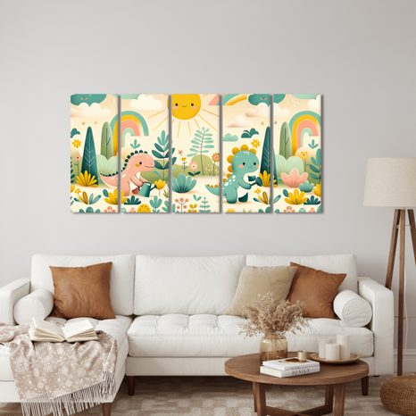 5-DIELNY OBRAZ VESELÉ DINOSAURY V DÚHOVEJ KRAJINE - DETSKÉ OBRAZY ZVIERATKÁ - OBRAZY