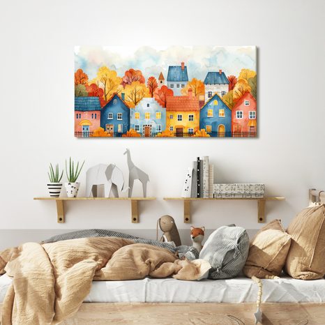 WANDBILD MALERISCHE HÄUSER IN DER LANDSCHAFT - BUNTE HÄUSER - BILDER