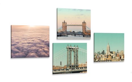 CANVAS PRINT SET OF CITIES IN SOFT TONES - SET OF PICTURES - PICTURES