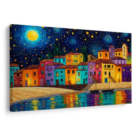 OBRAZ BAREVNÁ NOC NAD MĚSTEM - BAREVNÉ DOMY - OBRAZY