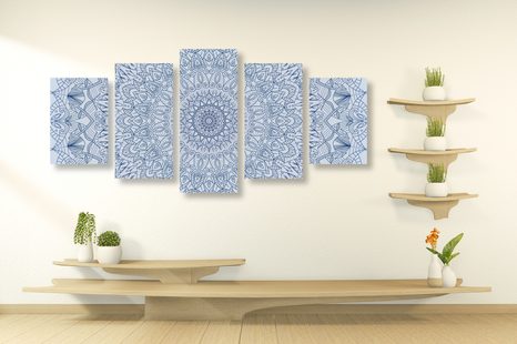 TABLOU 5-PIESE MANDALA DECORATIVĂ DETALIATĂ ÎN CULOAREA ALBASTRĂ - TABLOURI FENG SHUI - TABLOURI