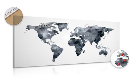 DECORATIVE PINBOARD POLYGONAL MAP OF THE WORLD IN BLACK AND WHITE - PICTURES ON CORK - PICTURES