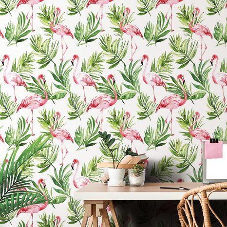 TAPETE AQUARELL-FLAMINGO MIT BLÄTTERN - TAPETEN VÖGEL - TAPETEN