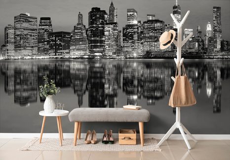 WALL MURAL BLACK AND WHITE REFLECTION OF MANHATTAN IN THE WATER - WALLPAPERS - 🔥 TOTAL SALE 🔥