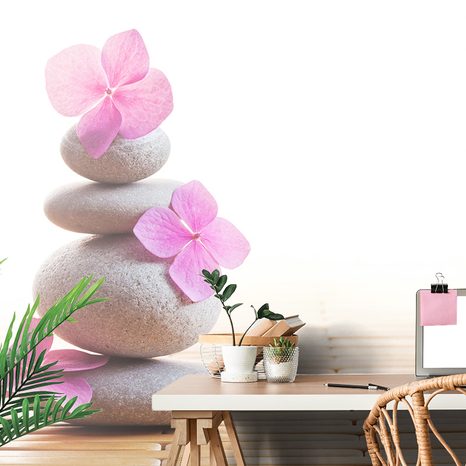 SELF ADHESIVE WALL MURAL BALANCING STONES AND PINK FLOWERS - SELF-ADHESIVE WALLPAPERS - WALLPAPERS