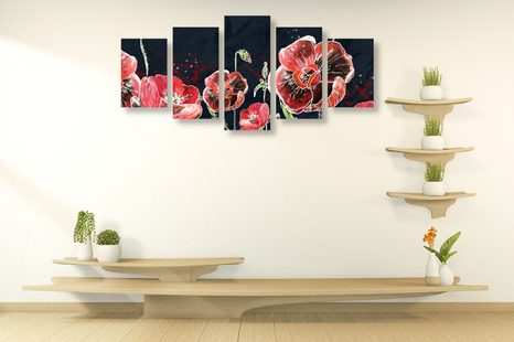 TABLOU 5-PIESE MACI ROȘII PE FUNDAL NEGRU - TABLOU FLORI - TABLOURI