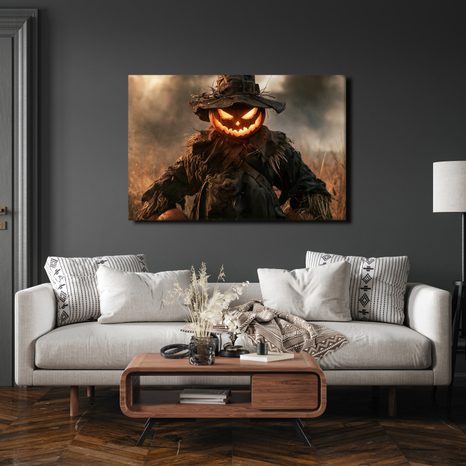WANDBILD GRUSELIGER KÜRBIS-SCHRECK BEI DÄMMERUNG - HALLOWEEN- UND HORROR-BILDER - BILDER