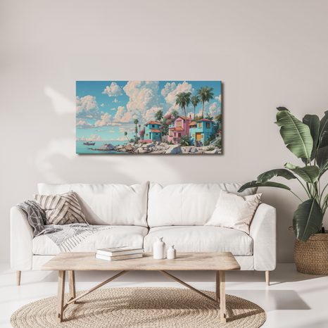 SLIKA TROPSKE KUĆICE UZ MORE - ŠARENE KUĆE - SLIKE