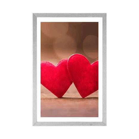 PLAKÁT S PASPARTOU ČERVENÁ SRDÍČKA NA DŘEVĚNÉ TEXTUŘE - LÁSKA - PLAKÁTY