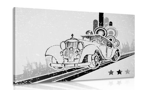 CANVAS PRINT BLACK AND WHITE CAR WITH A VINTAGE BACKGROUND - BLACK AND WHITE PICTURES - PICTURES