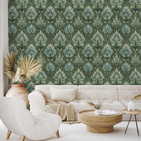 SAMOLEPÍCÍ TAPETA ZELENÉ VINTAGE ROSTLINNÉ ORNAMENTY - VZOROVANÉ TAPETY - TAPETY