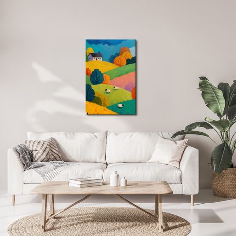 WANDBILD BUNTE HÜGEL MIT HAUS - WANDBILDER FELDER UND WIESEN - BILDER