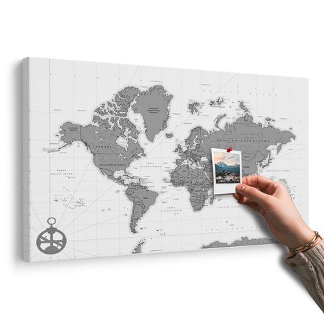 OBRAZ NA KORKU ŠTÝLOVÁ MAPA S KOMPASOM V ČIERNOBIELOM PREVEDENÍ - OBRAZY NA KORKU - OBRAZY