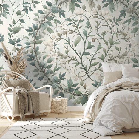 SAMOLEPÍCÍ TAPETA ELEGANTNÍ ZELENÉ LISTY S KVĚTY - VZOROVANÉ TAPETY - TAPETY