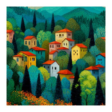 WANDBILD RUHIGES DORF IN DEN BERGEN - BUNTE HÄUSER - BILDER