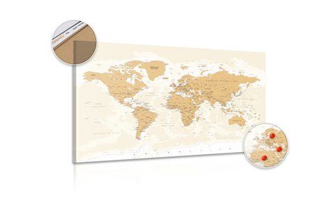 OBRAZ NA KORKU MAPA SVĚTA S VINTAGE NÁDECHEM - OBRAZY NA KORKU - OBRAZY