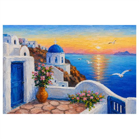 TABLEAU SUR TOILE – CÔTE GRECQUE AU COUCHER DU SOLEIL - TABLEAUX LEVER ET COUCHER DE SOLEIL - TABLEAUX