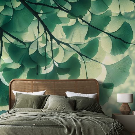 SAMOLEPÍCÍ TAPETA ZELENÉ LISTY GINKGO V ZÁŘI SVĚTLA - TAPETY LISTY - TAPETY