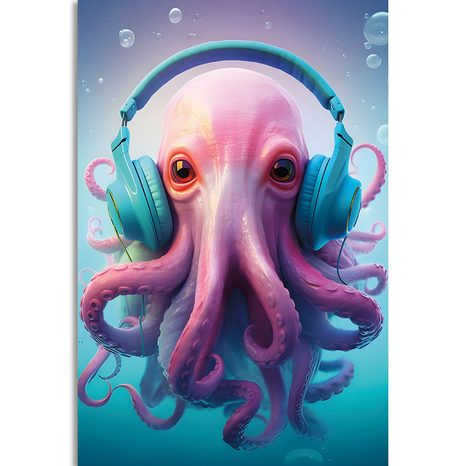 QUADRO SU TELA – POLPO CON CUFFIE - QUADRI DI ANIMALI DA FESTA CON LE CUFFIE - STAMPE E QUADRI