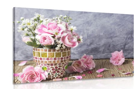 CANVAS PRINT CARNATION FLOWERS IN A MOSAIC POT - PICTURES FLOWERS - PICTURES