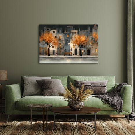 WANDBILD HERBSTABEND IN DER STADT - BUNTE HÄUSER - BILDER