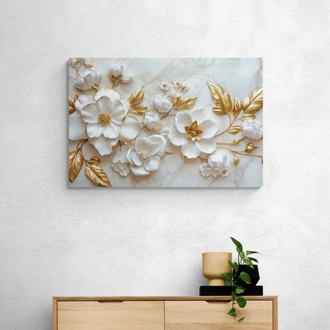 OBRAZ 3D KWIATY ZE ZŁOTYMI LIŚĆMI - OBRAZY KWIATÓW - OBRAZY