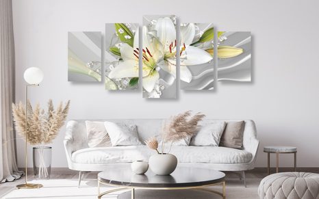 QUADRI 5 PEZZI – GIGLIO BIANCO SU SFONDO INTERESSANTE - QUADRI DI FIORI - STAMPE E QUADRI