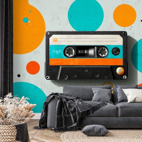 TAPETE RETRO-KASSETTE MIT BUNTEN KREISEN - MUSIK FOTOTAPETEN - TAPETEN