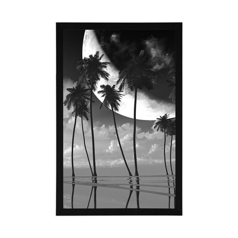 PLAGÁT ZÁPAD SLNKA NAD TROPICKÝMI PALMAMI V ČIERNOBIELOM PREVEDENÍ - ČIERNOBIELE - PLAGÁTY