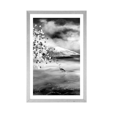 PLAKAT S PASPARTUOM ČAPLJE ISPOD MAGIČNOG STABLA U CRNO-BIJELOM DIZAJNU - CRNO-BIJELE - PLAKATI