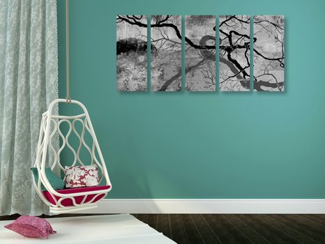 5-RÉSZES KÉP SZÜRREÁLIS FÁK FEKETE FEHÉRBEN - ÉLETFÁK KÉPEK - KÉPEK