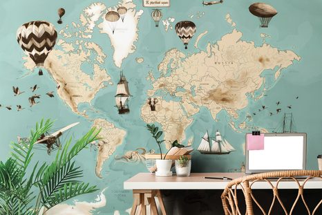 SAMOLEPIACA TAPETA MODRO-BÉŽOVÁ KRESLENÁ MAPA S PLAVIDLAMI - SAMOLEPIACE TAPETY - TAPETY