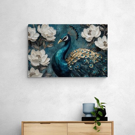 TABLOU PORTRETUL UNUI PĂUN PRINTRE FLORI - TABLOURI PĂUNI - TABLOURI