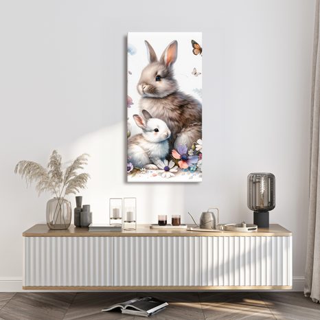 WANDBILD FRÜHLINGSWIESE MIT KANINCHEN UND SCHMETTERLINGEN - KINDERBILDER TIERE - BILDER