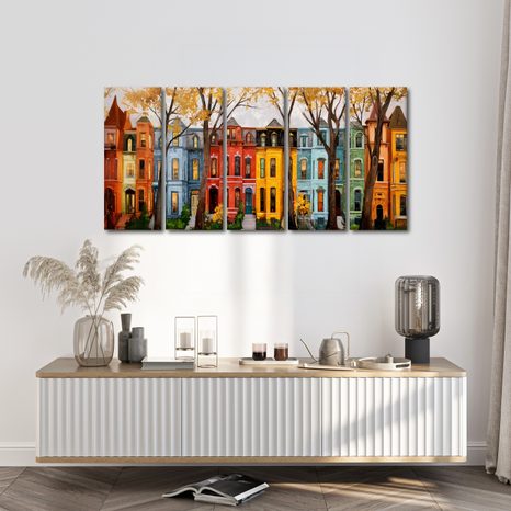 5-DÍLNÝ OBRAZ PODZIMNÍ MĚSTSKÁ ULICE - BAREVNÉ DOMY - PICTURES