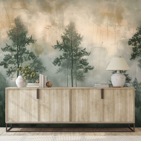 TAPET AUTOADEZIV ORIZONT DE PĂDURE ÎN CEAȚĂ - TAPET PĂDURE - TAPETURI