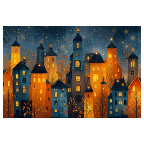 OBRAZ VÁNOČNÍ MĚSTO V NOCI - BAREVNÉ DOMY - OBRAZY