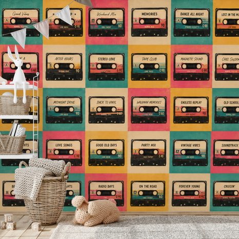 SAMOLEPILNA TAPETA RETRO KASETE V VINTAGE SLOGU - GLASBENE FOTOTAPETE - TAPETE