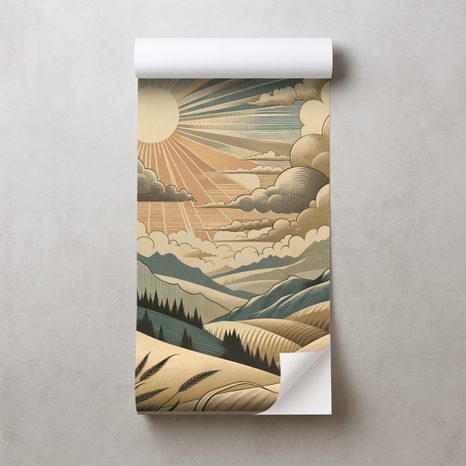 SAMOLEPÍCÍ TAPETA RETRO KRAJINA S HORAMI A SLUNCEM - TAPETY HORY - TAPETY