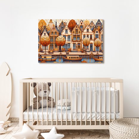 WANDBILD HERBSTLICHE GASSE MIT BOOTEN AM KANAL - BILDER VON STÄDTEN - BILDER