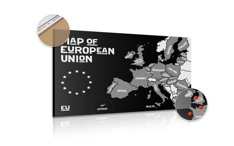OBRAZ NA KORKU NAUČNÁ MAPA S NÁZVY ZEMÍ EVROPSKÉ UNIE V ČERNOBÍLÉM PROVEDENÍ - OBRAZY NA KORKU - OBRAZY