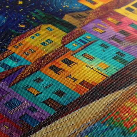 OBRAZ ZÁŘÍCÍ HVĚZDNÁ OBLOHA - BAREVNÉ DOMY - OBRAZY