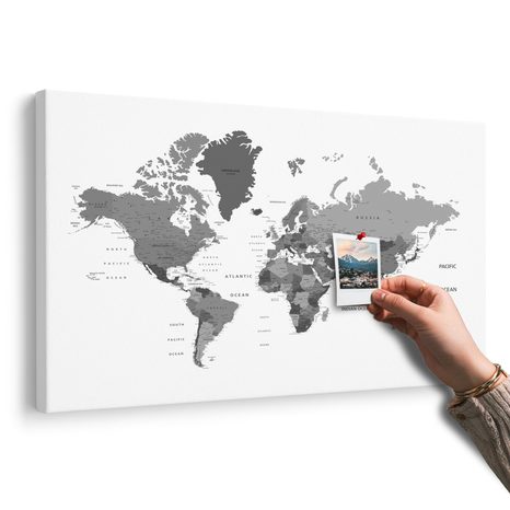 WANDBILD AUF KORK WELTKARTE IN SCHWARZ-WEISS - WANDBILDER AUF KORK - BILDER