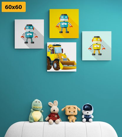 SET OBRAZŮ ROBOTI SE ŽLUTÝM AUTEM - SESTAVY OBRAZŮ - OBRAZY